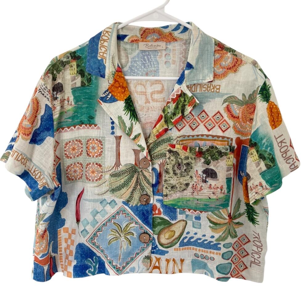 Bellambra Italy Linen Crop Button Shirt L Mediterranean Spain Print Coastal